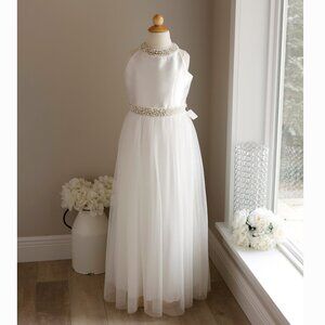 Satin Off-White Beaded Flower Girl Formal Dress Pearls Tulle Recital Size 12